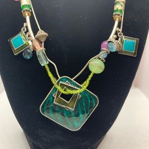 Mixture of aqua and green beaded multiple strand necklace